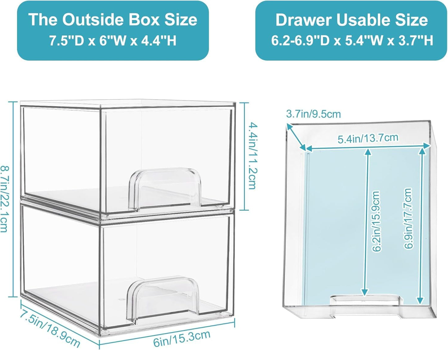 Vtopmart 4 Pack Clear Small Stackable Storage Drawers, Acrylic Bathroom Makeup Organiser, Plastic Storage Box For Vanity, Under Sink, Kitchen Cupboard, Pantry, Home Organization