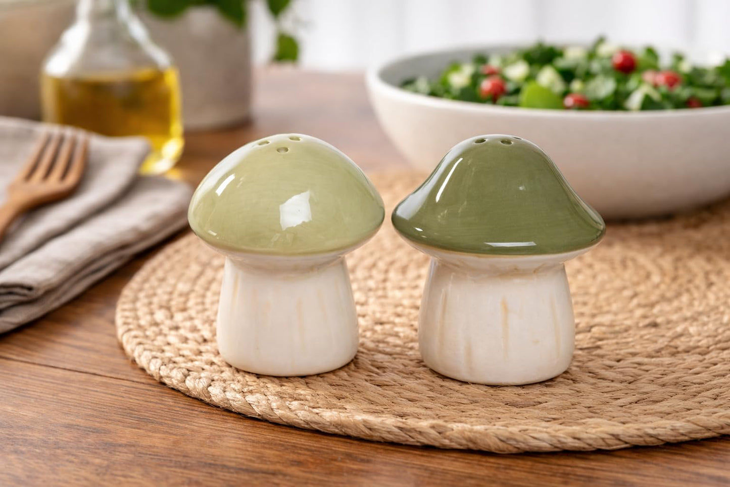 The Bridge Collection Ceramic Mushroom Salt And Pepper Shaker Set – Earthy Green Mushroom Shakers – Nature Inspired Kitchen Seasoning Set