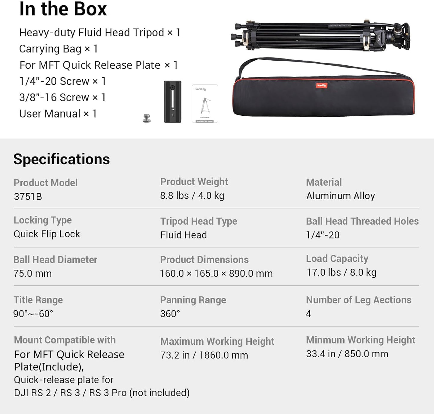 SmallRig AD-01 Video Tripod, 73" Heavy Duty Tripod with 360 Degree Fluid Head and Quick Release Plate for DSLR, Camcorder, Cameras 3751