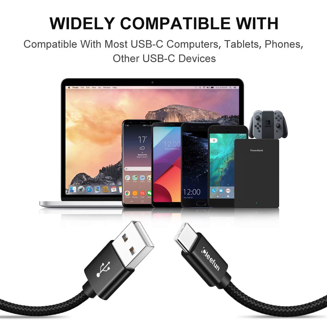 CLEEFUN USB C Cable, USB to USB C Cable, [5 Pack, 3/3/6/6/10 ft] Type C Charger Cable Fast Charging for iPhone 17 16 15 Pro Max Plus Air, for Samsung Galaxy S25 S24 S23 S22 S21 S20 S10 A17 A16 A15