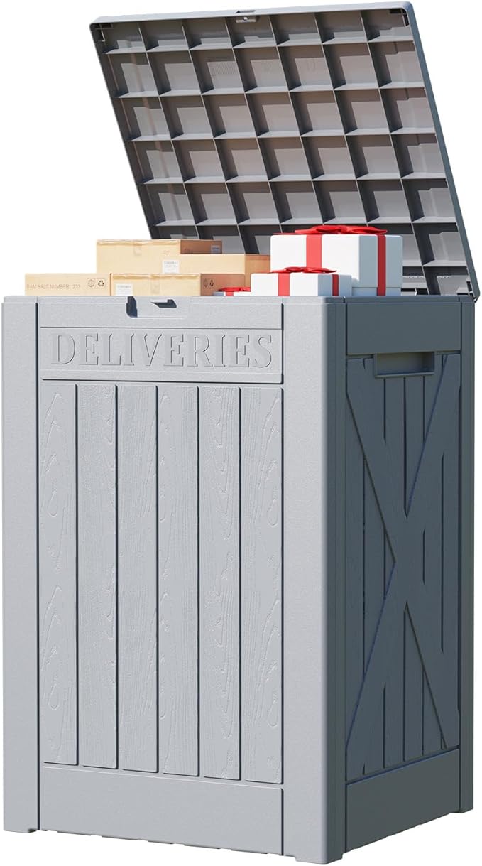 Patiowell 48-Gallon Resin Package Delivery Box for Outside, Waterproof Storage Deck Box with Lockable Secure (Grey)
