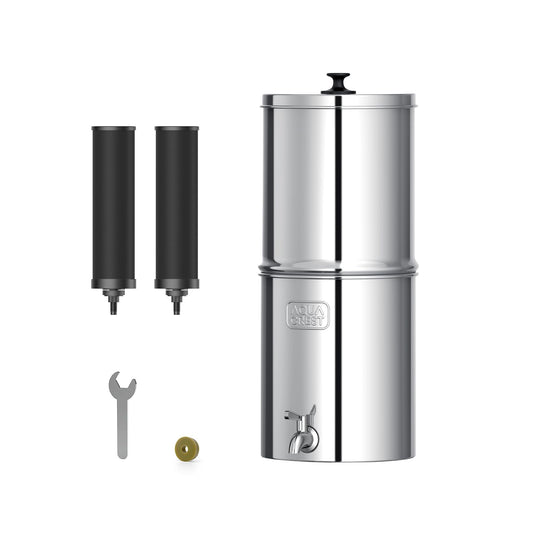 AQUA CREST Gravity Water Filter System, NSF/ANSI 42&372 Certified Black Carbon Filters, Reduce Lead and Up to 99% Chlorine, 2.25G, for Home, Camping, RVing, Off-Grid, Emergencies, AQ-TN-A