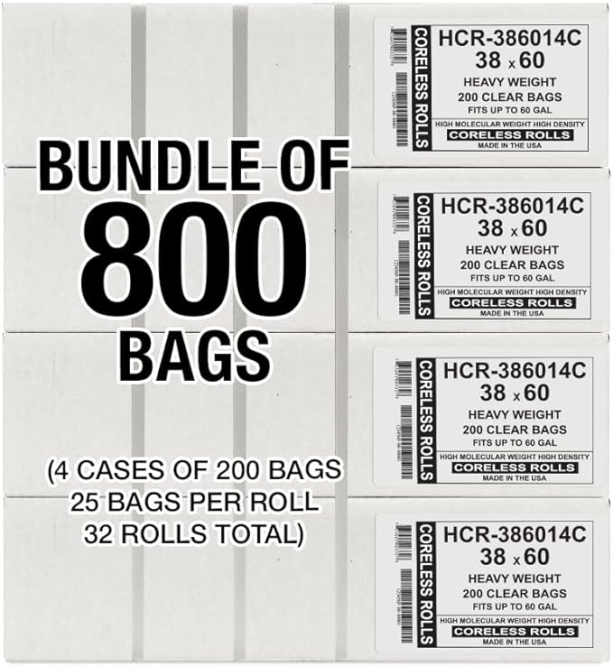 Aluf Plastics High Density Trash Bags, 60 Gallon, 14 Micron,