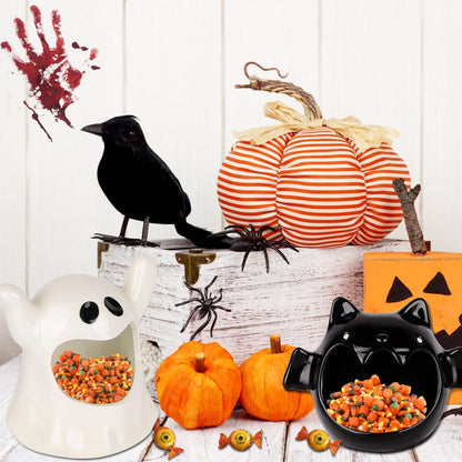 DIYDEC 2pcs Halloween Candy Bowls, Halloween Candy Dish Candle Holder Bat Ghost Ceramic Dish for Tiered Tray Ornament Tableware Party Decor