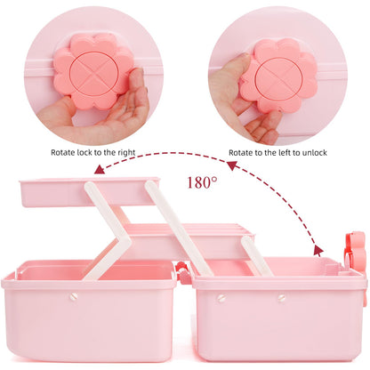 ZOOFOX Cute Hair Accessories Organizer for Girls, 3-Layers Pink Craft Storage Container with Handle, Lockable Storage Box for Hair Clip, Headband, Scrunchie, Cosmetic, Sewing, Toy, Washi Tape