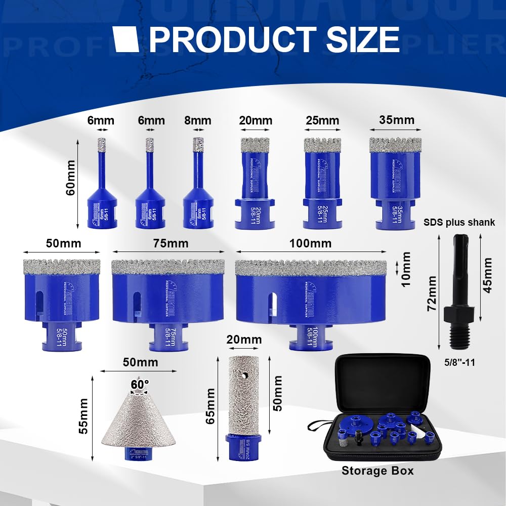 Diamond Core Drill Bits Set 12PCS - DARTOTEK Tile Hole Saw Kit (6/8/10/20/25/28/32/45/50/65mm/1-3/8/6mm for Porcelain, Ceramic Tile, Granite, Marble, Masonry