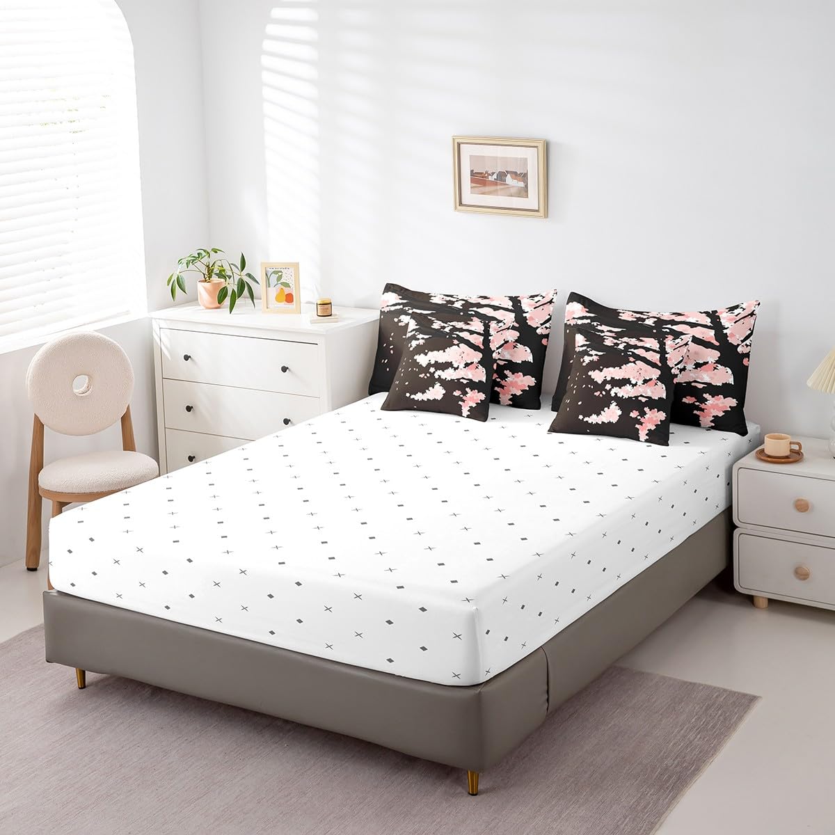 Erosebridal 7 Piece Cherry Blossoms Bed in a Bag for Adult Women Japanese-Style Pink Sheet Set Romantic Theme Bedding with Comforter Girls Boys Teens Botanical Flowers Cushion Covers, Full Size