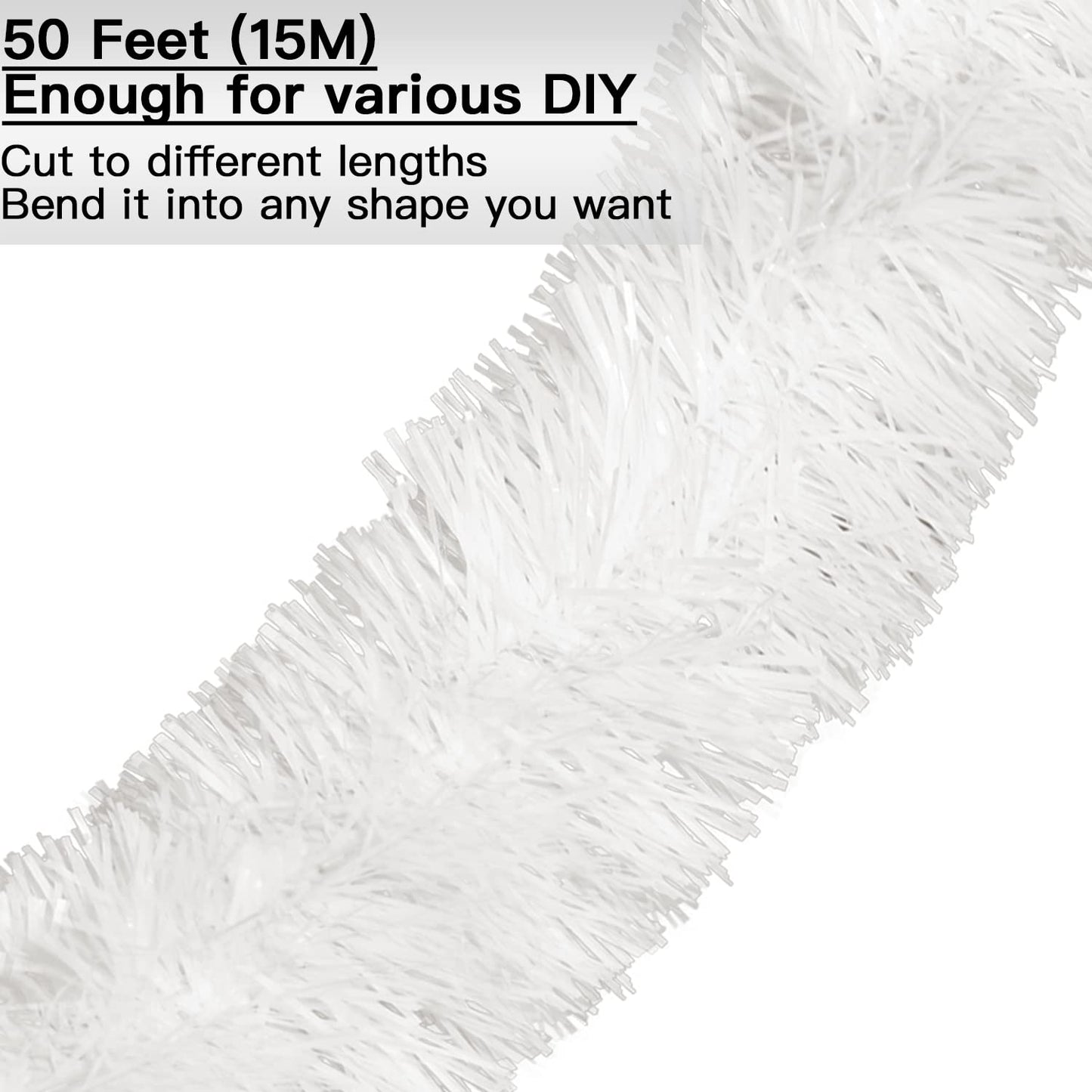 Jishi 50 FT Christmas Garland White Tinsel Garland Christmas Tree Decorations - Non-Lit Xmas Holiday Decor Outdoor Indoor Home Garden Outside Wedding Party Artificial Thick White Decorative Garland