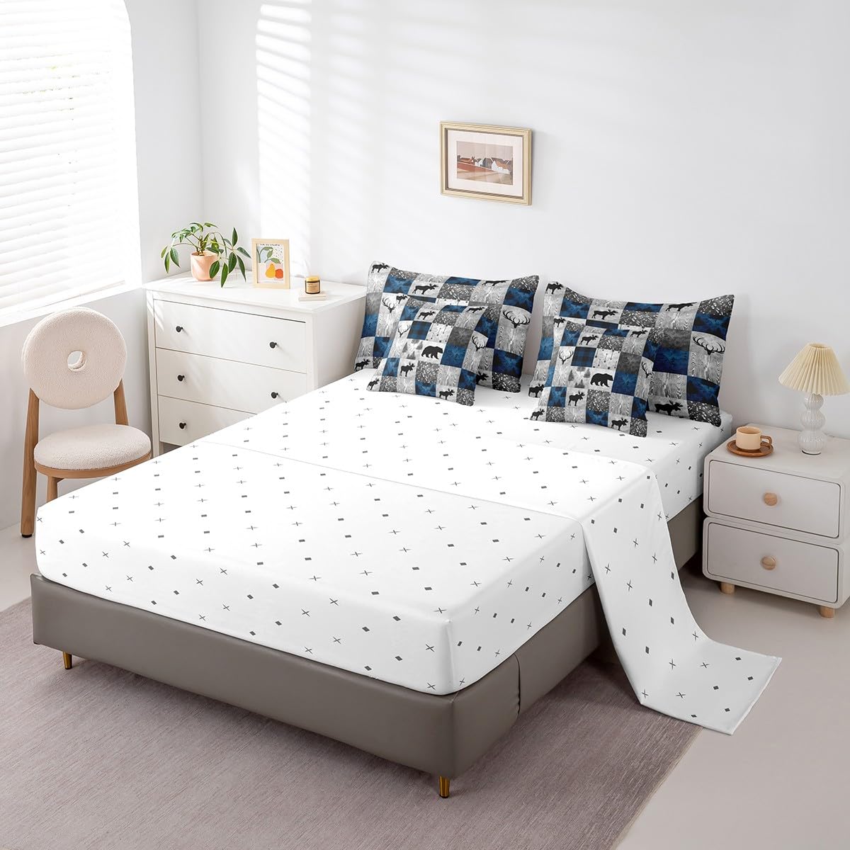 Erosebridal 7 Pcs Hunting Animal Comforter Set Twin Size,Rustic Bear Deer Bed in a Bag with Flat Fitted Sheet for Kids and Adults,Camper Plaid Check Bedding Set with Pillowcases and Cushion Cases