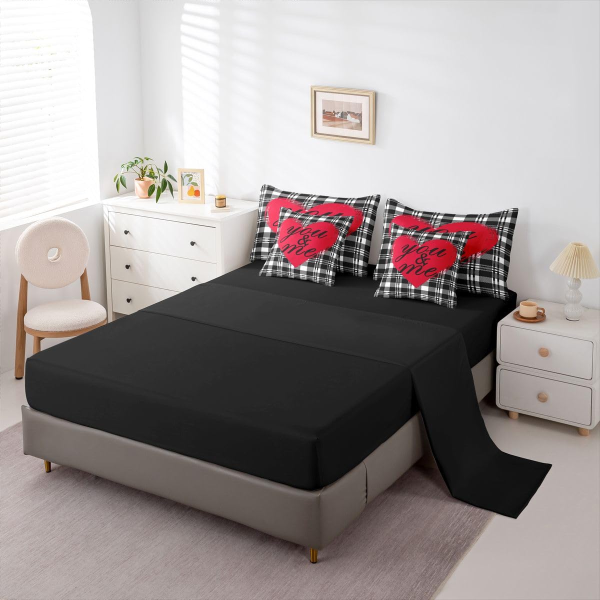 You and Me Bed in a Bag Queen Comforter Set 7-Piece | Valentines Day Decorations Bedding Sets Black and White Grid Comforter and Sheet Set, Geometric Checkerboard Lattice Buffalo Plaid Room Decor