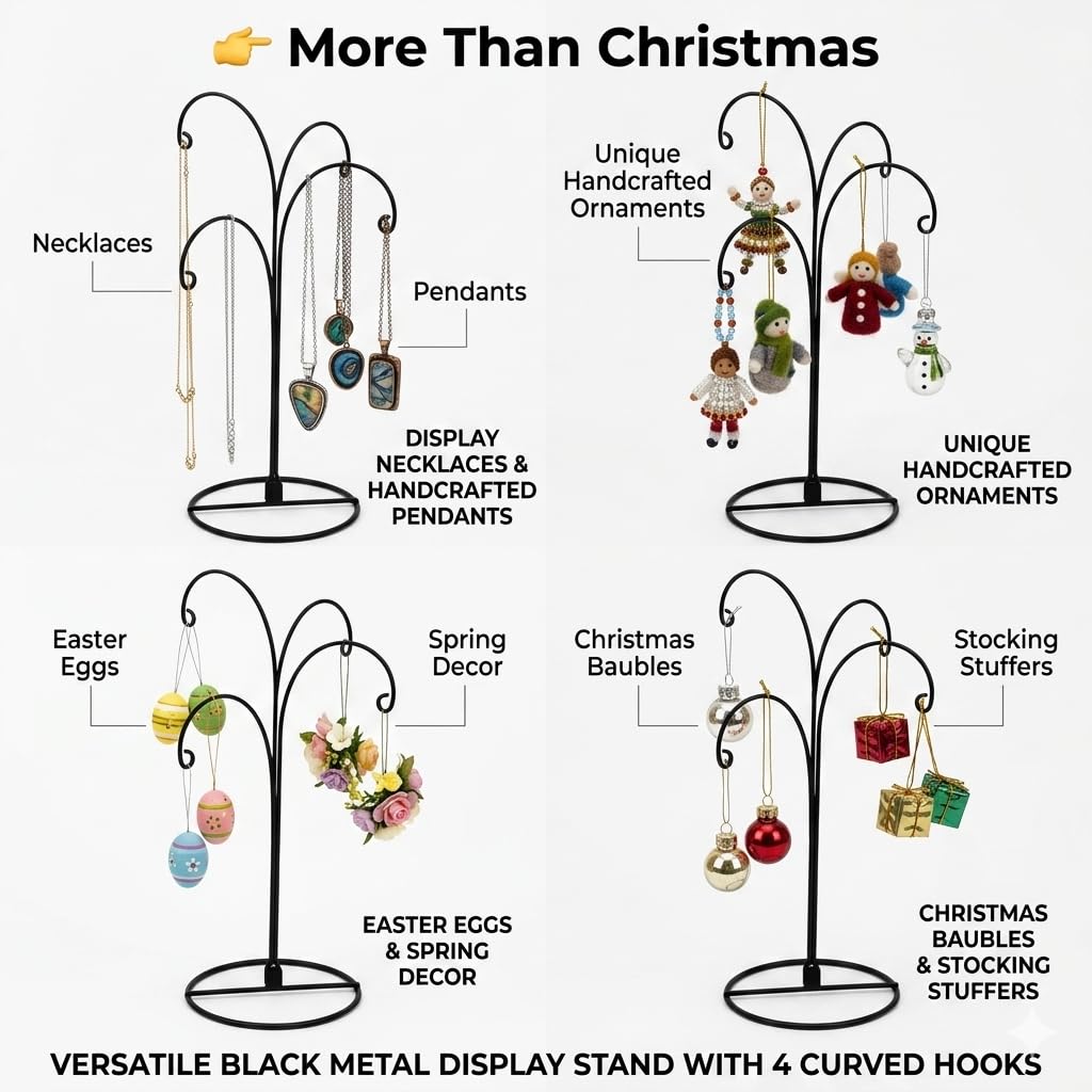HOHIYA Ornament Display Stand 12 Inch 2 Pack 4-Arm Metal Ornament Holder for Christmas Decorations Crystal Ball Hanging Ornaments Jewelry Display Stand Black