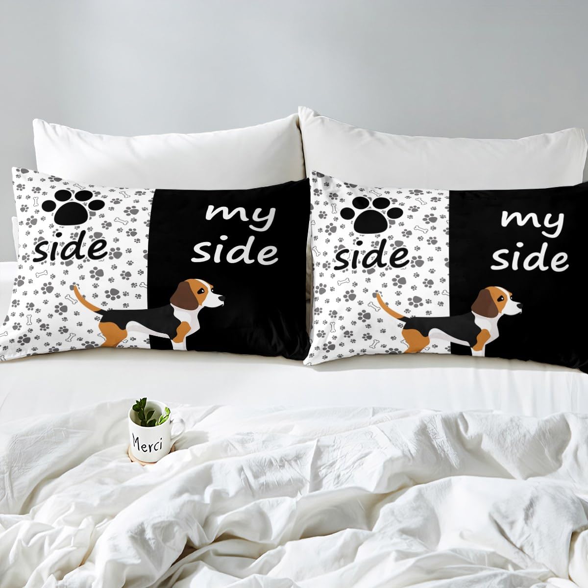 Erosebridal Lovely Dog Paw Bed Sheet Full,Cute Puppy Bones Sheet Set for Kids Boys Girls,Black and White Animal Bedding Set Bedroom Decor,Dog Side My Side Fitted Sheet + Flat Sheet + 2 Pillowcases