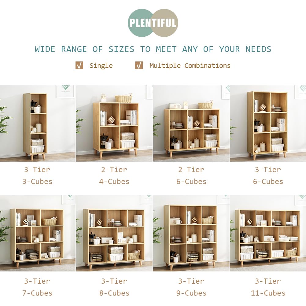 IOTXY Freestanding Open Cubes Bookcase - 2-Tier Floor Standing Wooden Storage Display Cabinet Organizer with Legs for Home Office, 4-Cubes Open Shelf Low Short Bookshelf, Oak