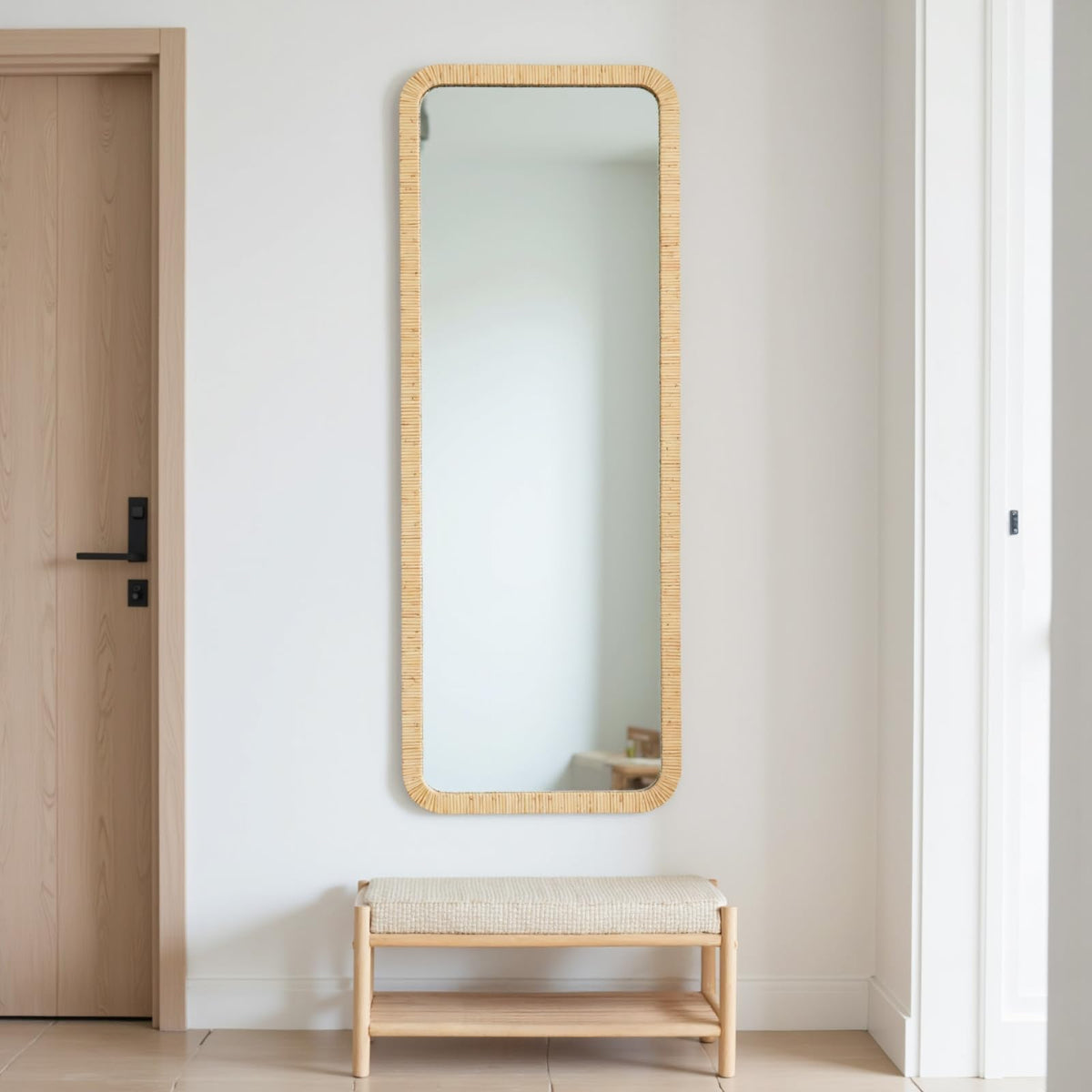 Gumcoly Rattan Mirror 18"x48" Rectangle Long Full Length Mirror Farmhouse Wicker Wooden Framed Full Body Floor Mirror Lean Against Wall for Bathroom Entryway Living Room Bedroom Fireplace Nature