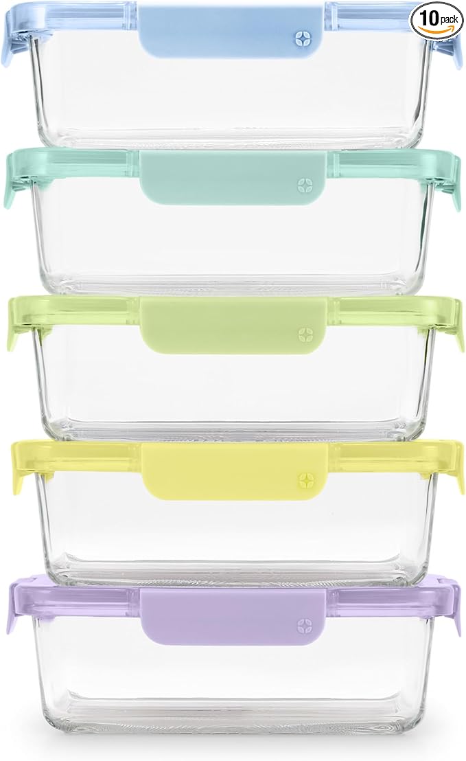 Ello Color Lock 5 Cup 10PC, 5 Pack Glass Meal Prep Sets Leak-Proof Glass Food