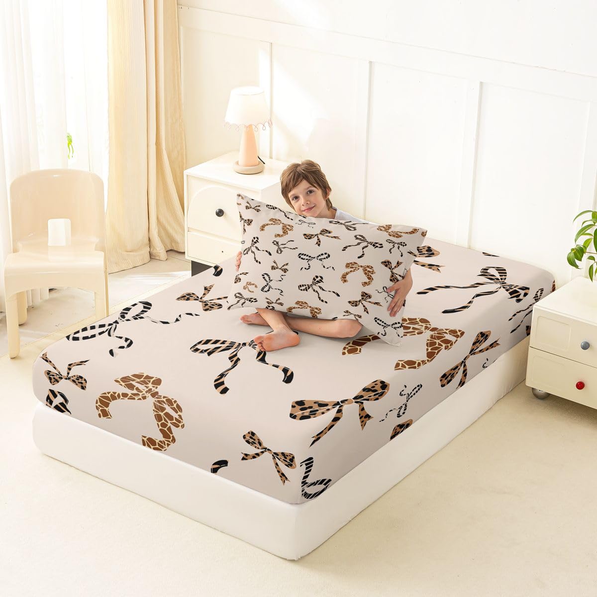 jejeloiu Brown Leopard Bow Fitted Sheet Twin Size for Kids Boys Girls Leopard Print Bowknot Bed Sheets Set 16" Deep Pocket Dreamy Princess Bowknot Bedding with 1 Pillowcase Room Decor