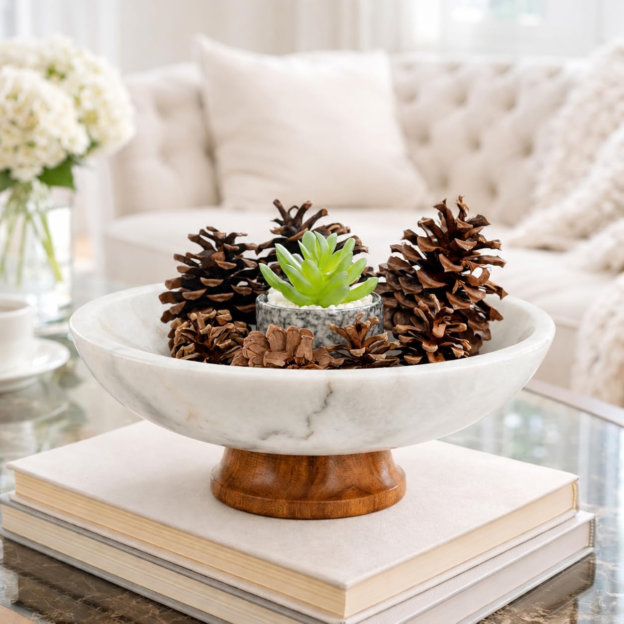 White Marble Fruit Bowl with Pedestal, 11" Large Decorative Centerpiece Bowl for Dining Table, Modern Kitchen Counter Fruit Bowl, Handcrafted Stone Marble Bowl, Luxury Home Decor Accent