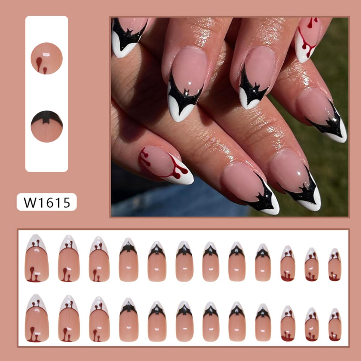 Halloween Bat Press on Nails Almond Shaped Halloween Fake Nails White French Tip Glue on Nails with Blood Design Horror Acrylic False Nails Full Cover Stick on Nail for Women DIY Halloween Nails 24Pcs