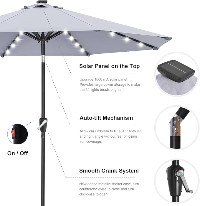 ABCCANOPY 10FT Durable Solar Led Patio Umbrellas with 32LED Lights (Gray)