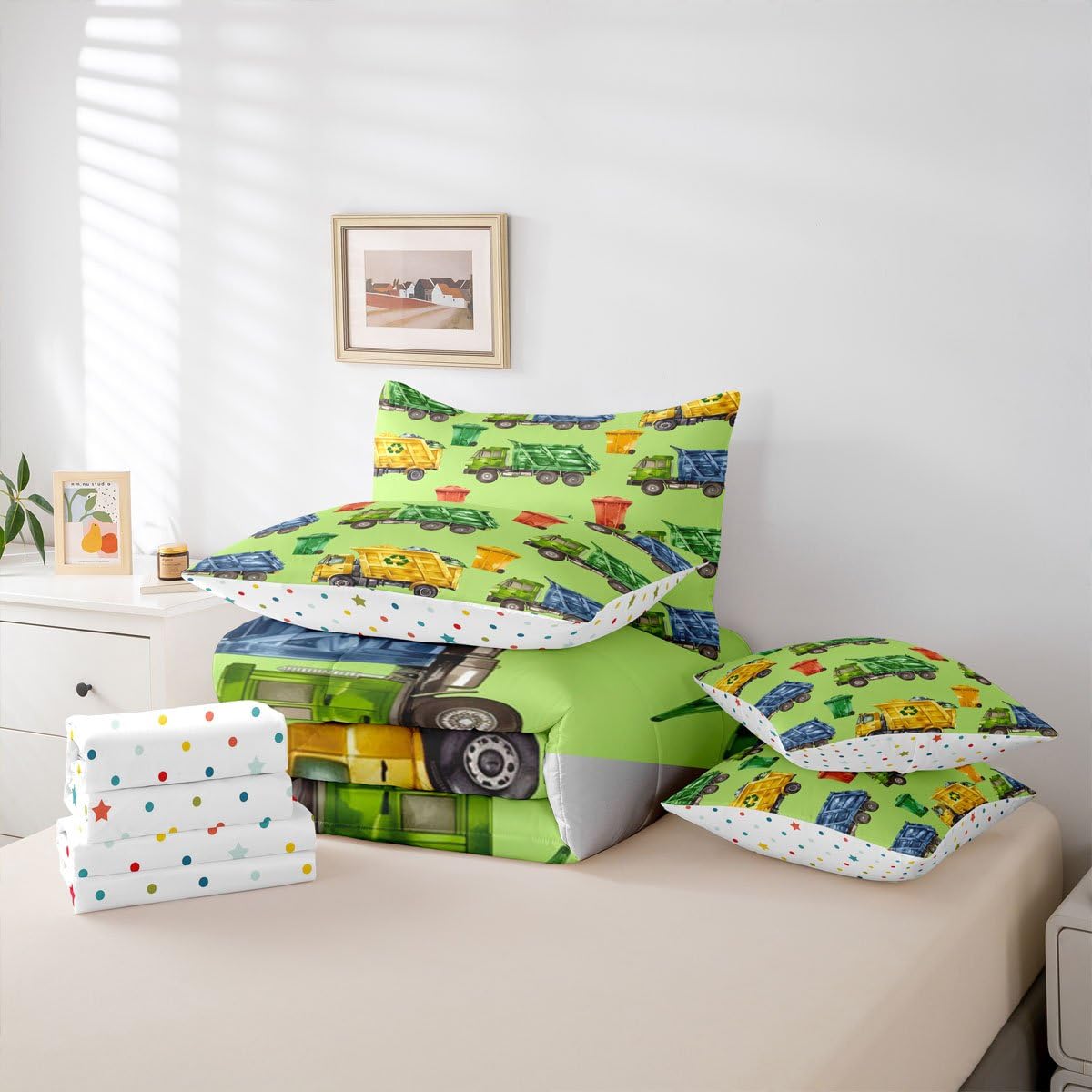 Erosebridal Boys Garbage Trucks Twin 7-Piece Bedding Set, Trash Truck Comforter Set with Sheets, Cartoon Car Bed in A Bag for Teens Men Kids Room Decor, Colourful Trash Cans Green Bed Sets
