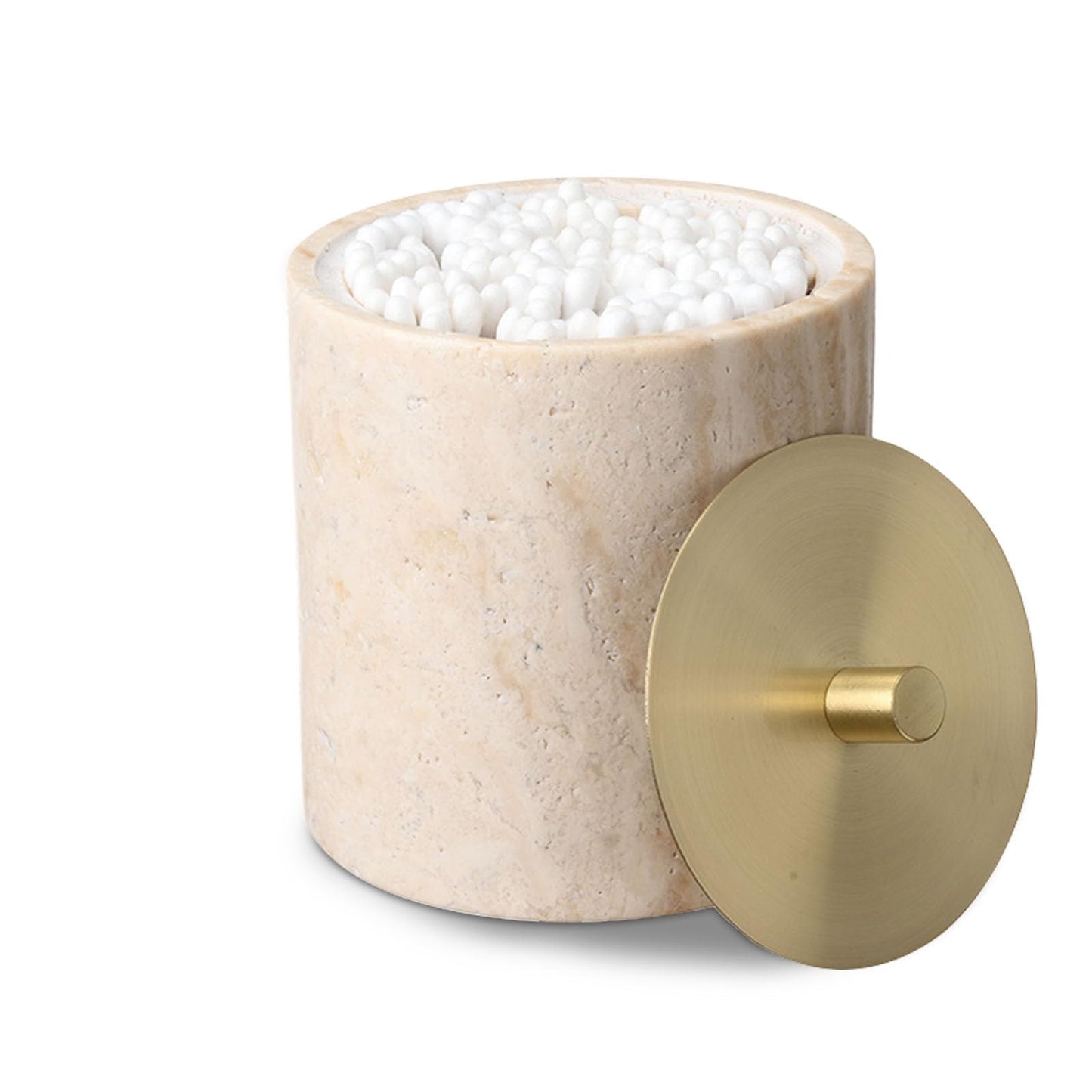 HAMAKAWA Nartural Marble Qtip Holder with Brass Lid, Beige Travertine Cotton Swab Jar, Modern Round Canister, Small Apothecary Storage Jars for Bathroom, Bedroom, Vanity, Kitchen Cabinet