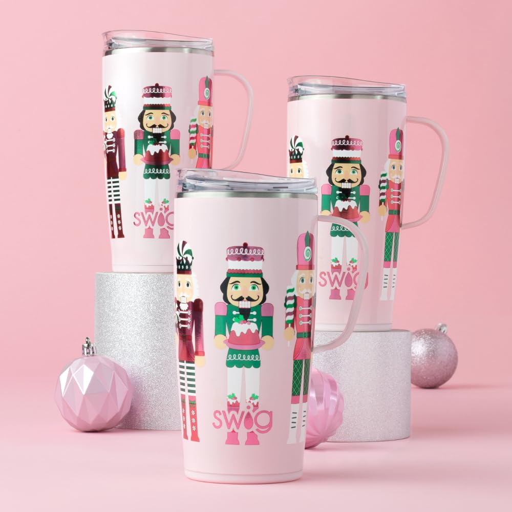 Swig Life 22oz Travel Mug, Insulated Tumbler with Handle and Lid, Travel Coffee Mug, Cup Holder Friendly, Stainless Steel 22 oz Tumbler, Nutcracker Insulated with Lid (Sugar Plum Soldiers)