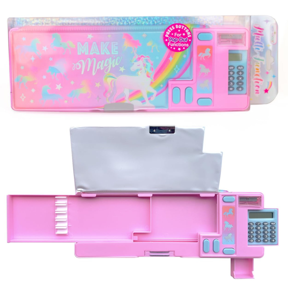 Hot Focus Unicorn Pencil Case – Multifunction Mechanical Pencil Box for Girls, 2 Compartments w/Pop-Out Calculator & Sharpener, Stationery Set, Perfect Stationery Gift for Kids & Teens (Unicorn)