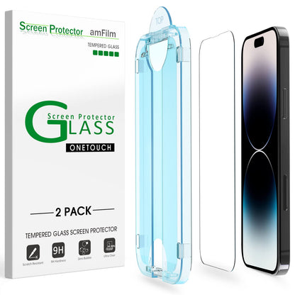 amFilm Easiest Installation OneTouch for iPhone 15 Pro Max Screen Protector [6.7 Inch] Tempered Glass + Camera Lens Protector, Auto-Alignment Tech, Bubble Free, Case Friendly, Anti-Scratch [2+2 Pack]