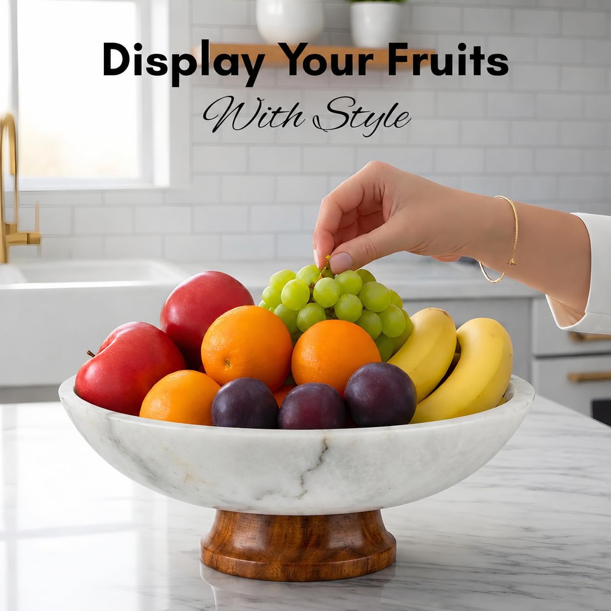 White Marble Fruit Bowl with Pedestal, 11" Large Decorative Centerpiece Bowl for Dining Table, Modern Kitchen Counter Fruit Bowl, Handcrafted Stone Marble Bowl, Luxury Home Decor Accent