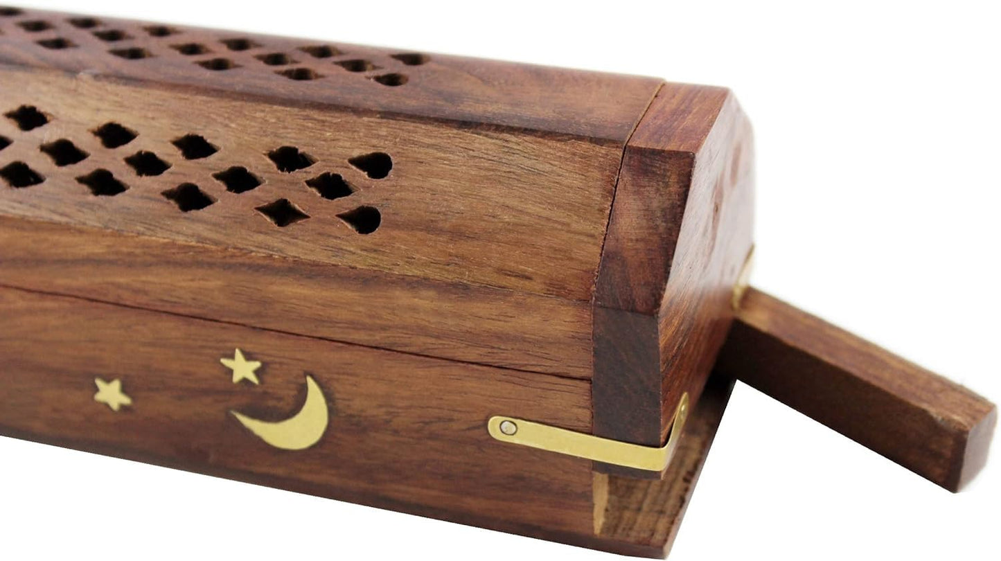 Vrinda® 2 Pack Handcrafted Wooden Incense Stick Holder with Sun and Moon Inlay - Ash Catcher for Meditation - Home Decor & Accessories, 12x2x1.5 inches