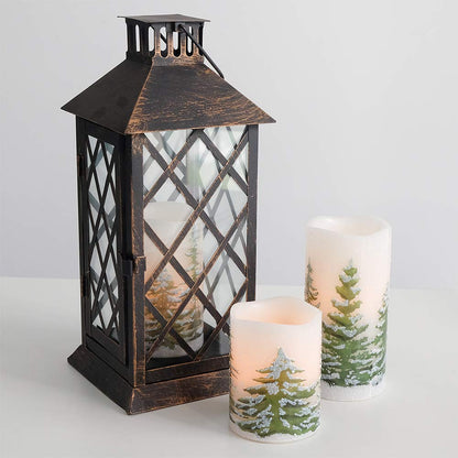 Eldnacele Green Tree Christmas Decor Flameless Flickering Candles with Automatical Daily Timers, Battery Operated LED Candles Real Wax Decals Pack 3 Tiered Pillars 3 x 4 5 6 Inches
