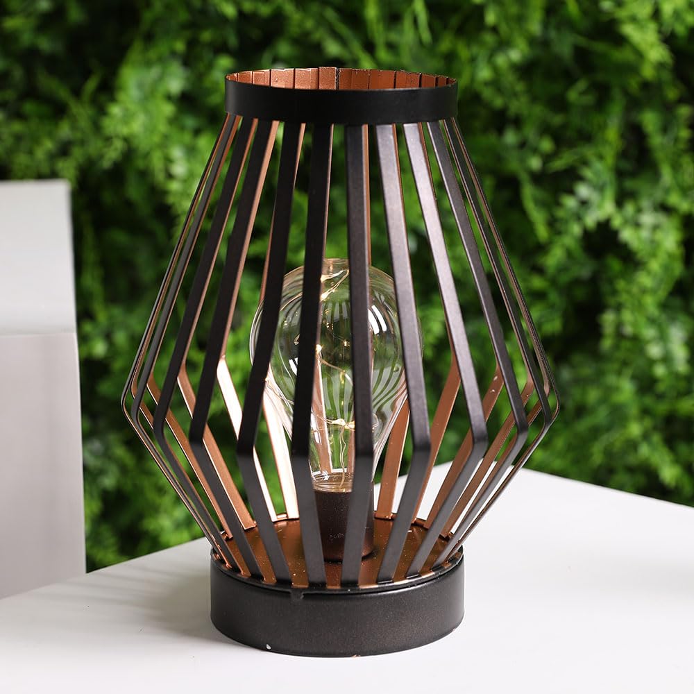 JHY DESIGN 8.5“H Metal Cage LED Lantern Battery Powered Cordless Accent Light with LED Edison Style Bulb Great for Weddings Parties Patio Events Gifts for Indoors Outdoors