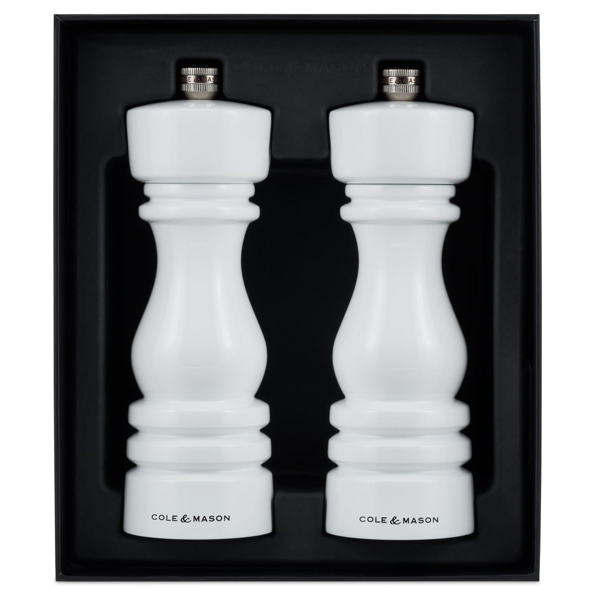 Cole & Mason H233095 London White Gloss Salt and Pepper Mill Set, Precision+ Carbon/Ceramic Mechanisms, Salt and Pepper Grinders with Adjustable Grind, Beech Wood, 180mm, Gift Set