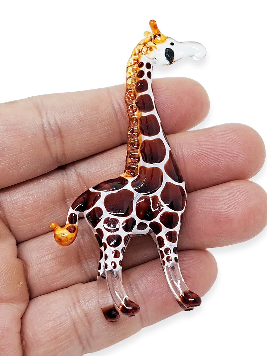 ChangThai Design Tiny 2⅝" High Brown White Giraffe Standing Figurine - Miniature Hand Blown Glass Giraffes Savanna Wildlife Long Neck Tallest Animals Crystal Decorative Collectible Figures Décor Gifts