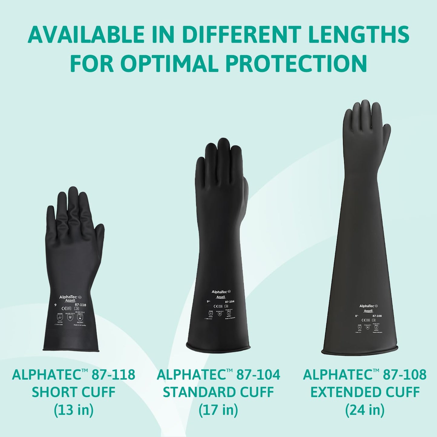 Ansell AlphaTec 87-108 Chemical Resistant Gloves in Latex with Long Cuff (61cm/24in), Heavy Duty Protection against Acids and Solvents, Reusable Rubber Latex Gloves, Black, Size L (1 Pair)
