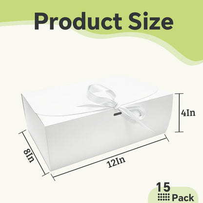 ZSZMFH 15 PCs Gift Boxes with Lids, 12" x 8" x 4" White Gift Boxes with Ribbon, Bridesmaid Proposal Box, Kraft Paper Gift Box for Wedding, Packaging, Present, Birthday, Cupcake Boxes, Crafting