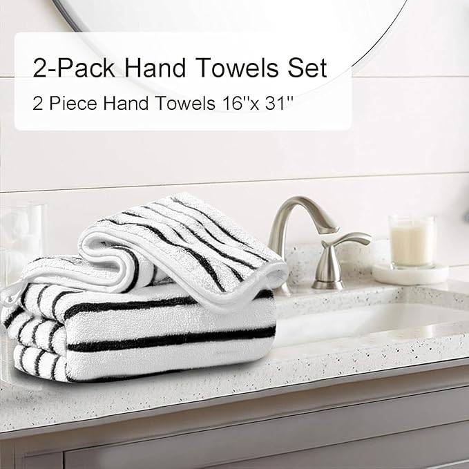 2 Piece Black White Cabana Stripe Hand Towels
