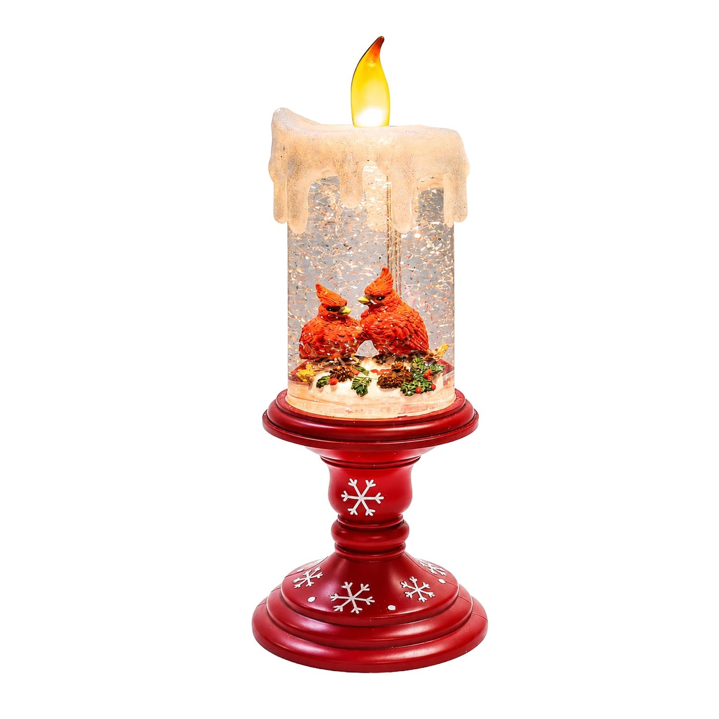 MOMENTS IN TIME LED Lighted Spinning Water Candle with Cardinals 10”H Acrylic Glitter Candle Decor Battery Operated Christmas Decoration Light-Up Holiday Lantern for Home Décor