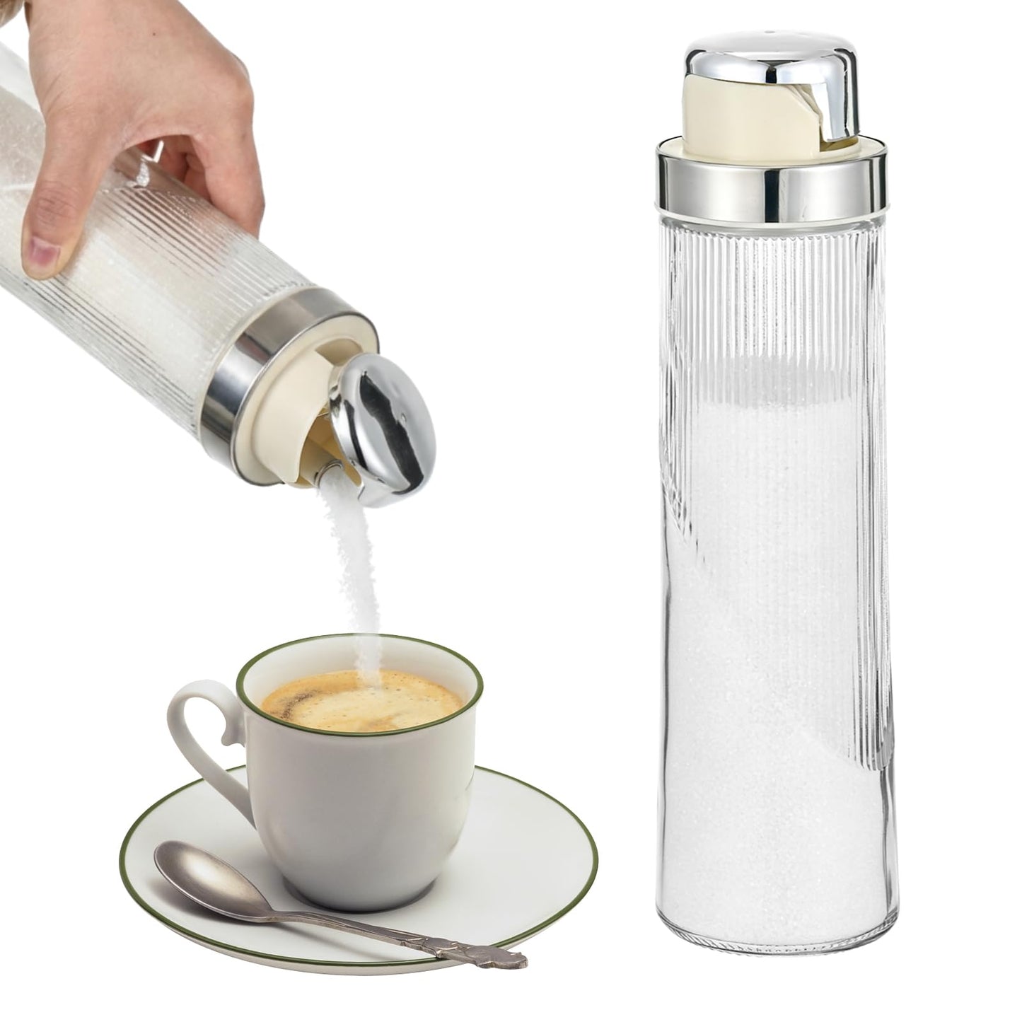 2 PCS 20 OZ Large Glass Sugar Dispenser with Pour Spout Large Capacity Glass Jars for Sugar Coffee Sugars Container Non-slip Ribbed Design Food-Grade for Salt Tea Coffee Station Kitchen Baking, Silver