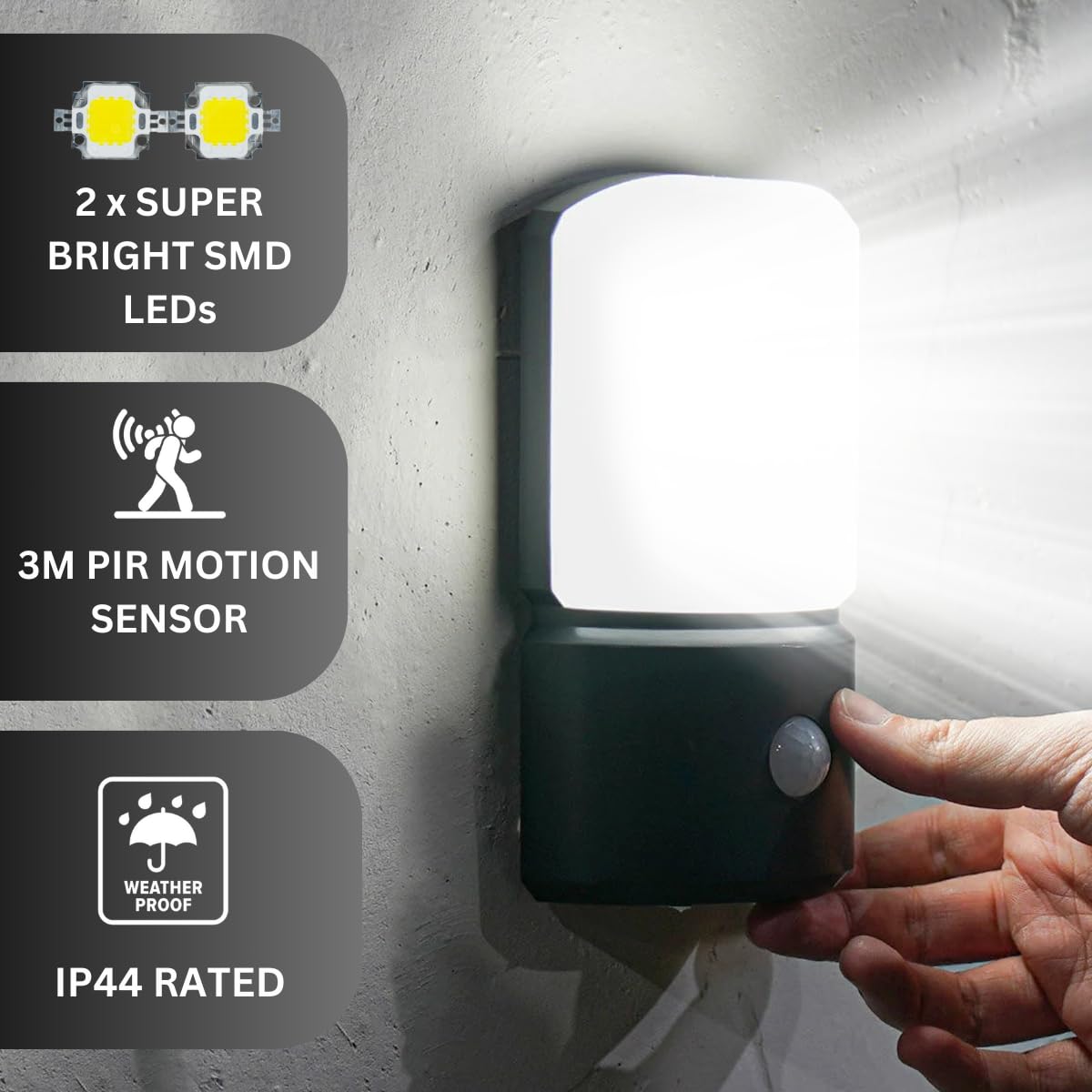 Festive Lights - 15.5cm Battery Powered PIR Motion Sensor Wall Light – Outdoor IP44 Weather Resistant, 2 White SMD LEDs – Security & Welcome Lighting for Gardens, Doorways, Home Entrances & Camping