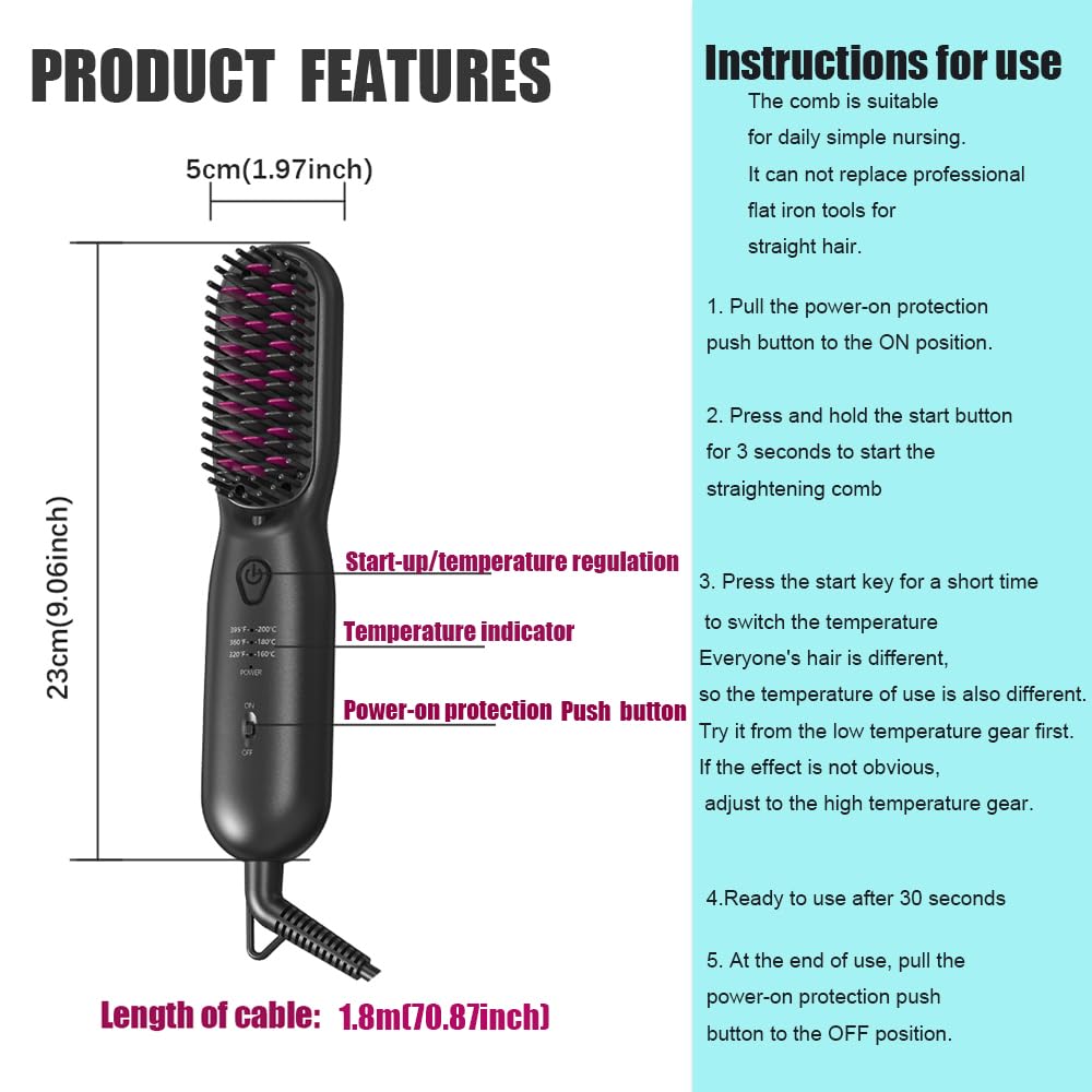 Hair Straightener Brush Dense Bristles Straightening Brush for Women Comb Quick Temperature Adjustment and Auto-Off Hair Accessories for Thick Curly Hair (Black)