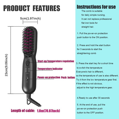 Hair Straightener Brush Dense Bristles Straightening Brush for Women Comb Quick Temperature Adjustment and Auto-Off Hair Accessories for Thick Curly Hair (Black)