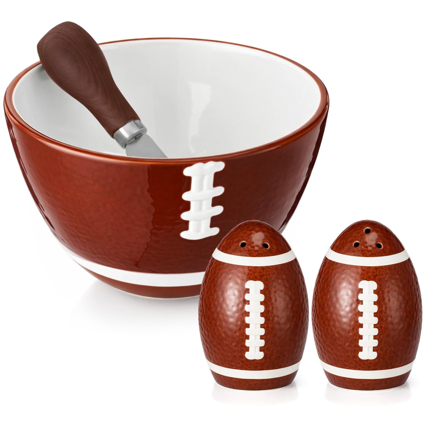 CimoroWin 4 Pcs Football Serving Set Ceramic Bowl Salt & Pepper Shakers And Stainless Steel Spreader for Football Fever Season Sport Lover Party Home Kitchen Dining Table Decoration