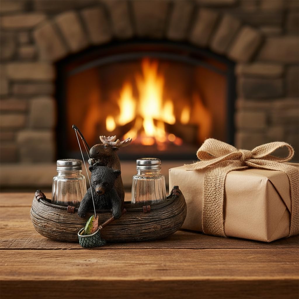 Comfy Hour 6.7" Moose and Bear Fishing in Canoe Salt and Pepper Shaker Duo (Empty Bottle Set Included), Decorative Rustic Lodge Cabin Style Figurine Holder, 1 Unit