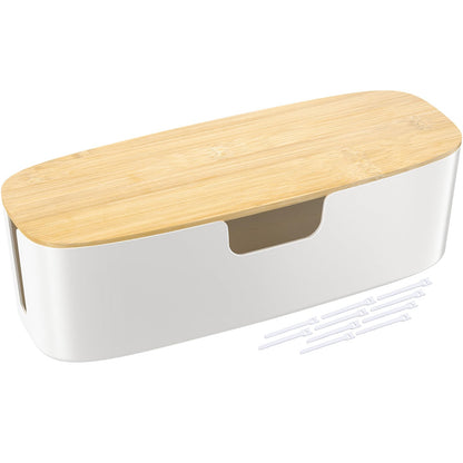 Large Cable Management Box - Cord Organize Box with Bamboo lid for Safe Home & Office, Cord Hider for Power Strip Under Desk, Cover TV Wires, Child & Pet Proof Cord Box, White
