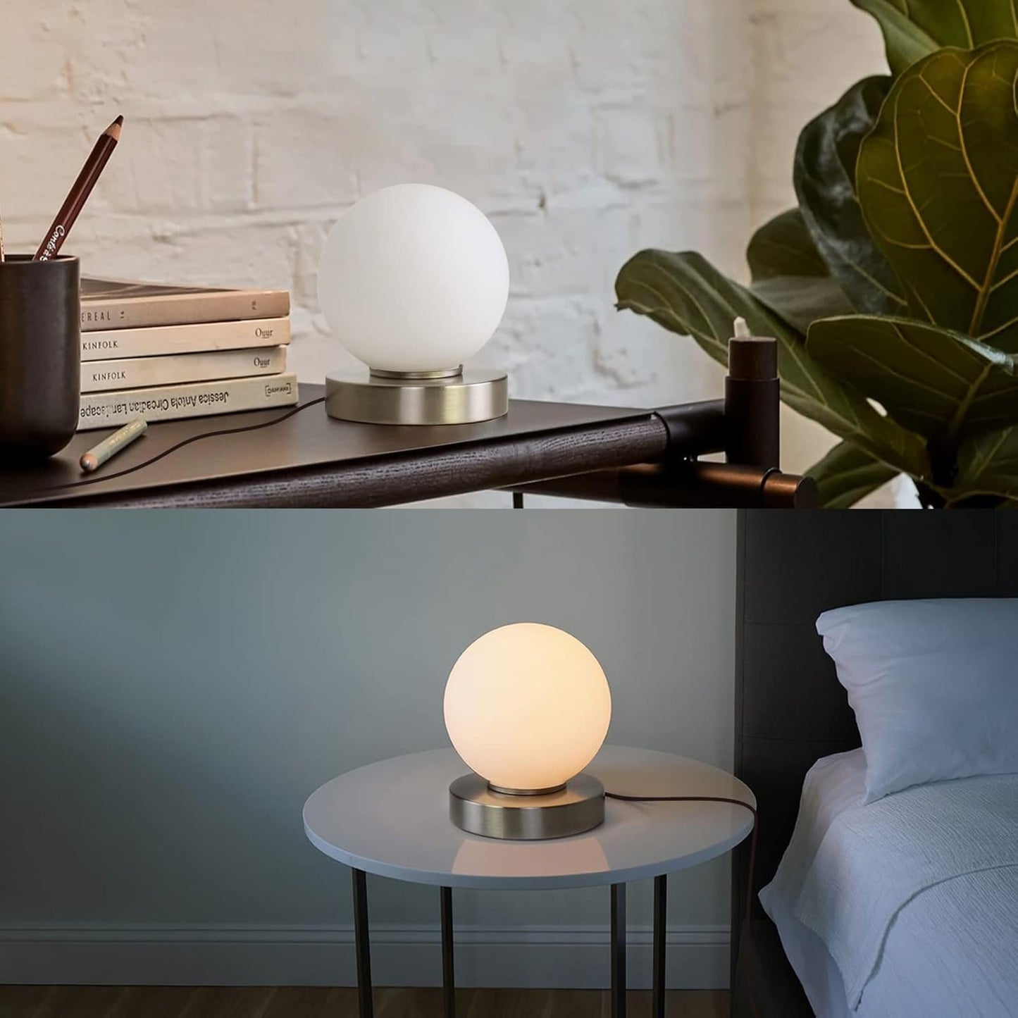 Modern Small Table Lamps, Opal Glass Bedside Table Lamp 3 Colors Dimmable Gold Desk Lamp, for Bedroom Living Room Nightstand, Simple Design (Silver)