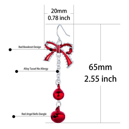 Lightweight Christmas Red Bow Knot Piercing Dangle Earrings Jingle Tassels Silver Plated Women Holiday Gift