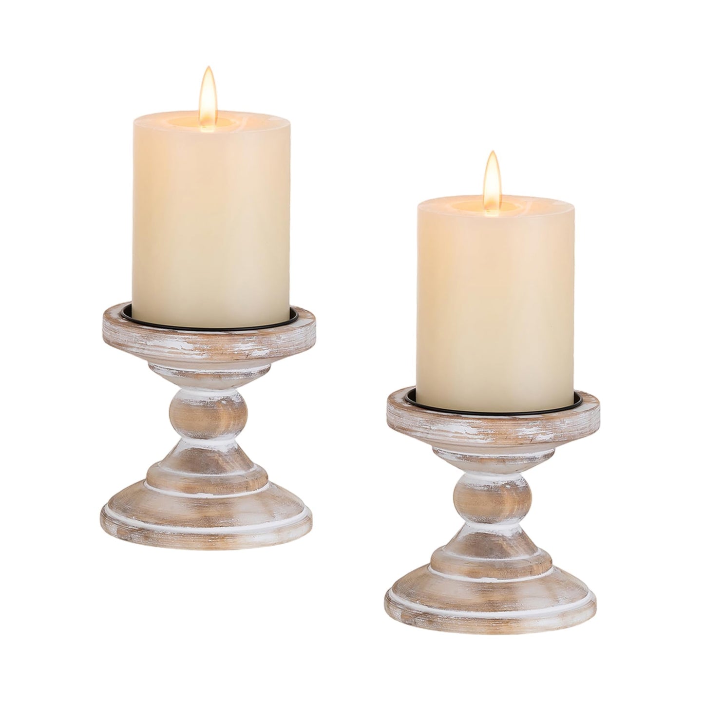 Inweder Wood Pillar Candle Holder: 2Pcs Rustic White Candle Holders for Pillar Candles Wood Candle Holders Distressed Wooden Farmhouse Candle Holder Large Rustic Candle Holder for Fireplace Table