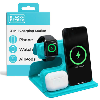 BLACK+DECKER 3 in 1 Charging Station for Apple Multiple Devices, Wireless Foldable Travel Charger for Multiple Devices iPhone 17 16 15 14 13 Pro Max Plus Apple Watch Series/AirPods (Loch Ness)