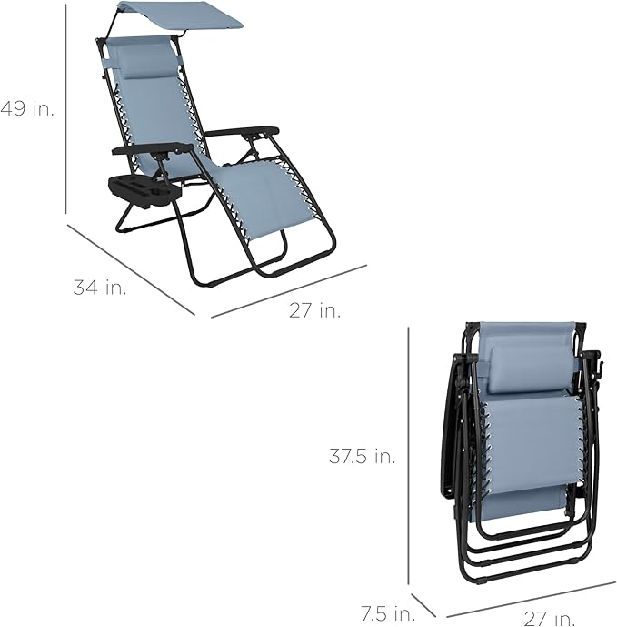 Best Choice Products Folding Zero Gravity Outdoor Recliner Patio Lounge Chair w/Adjustable Canopy Shade, Headrest, Side Accessory Tray, Textilene Mesh - Dusty Blue